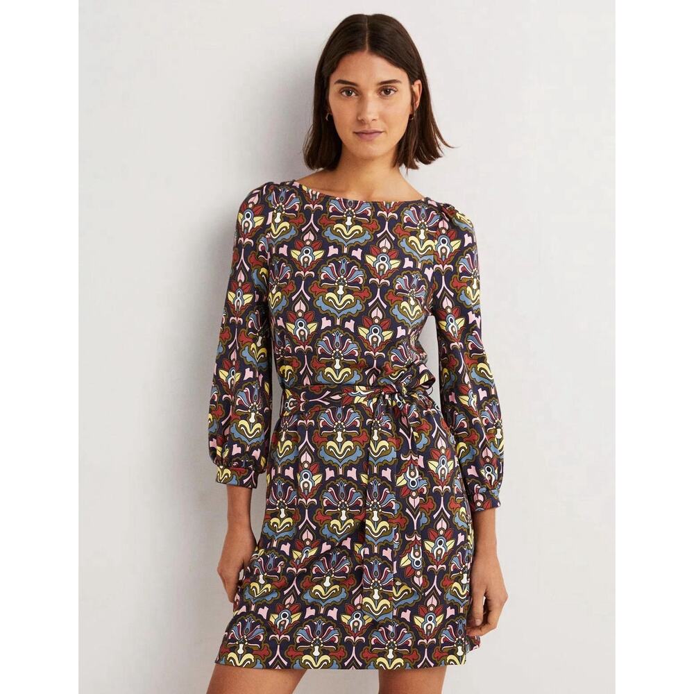 BODEN Tie Detail Jersey Shift Dress Size US 4R Multicolor Print